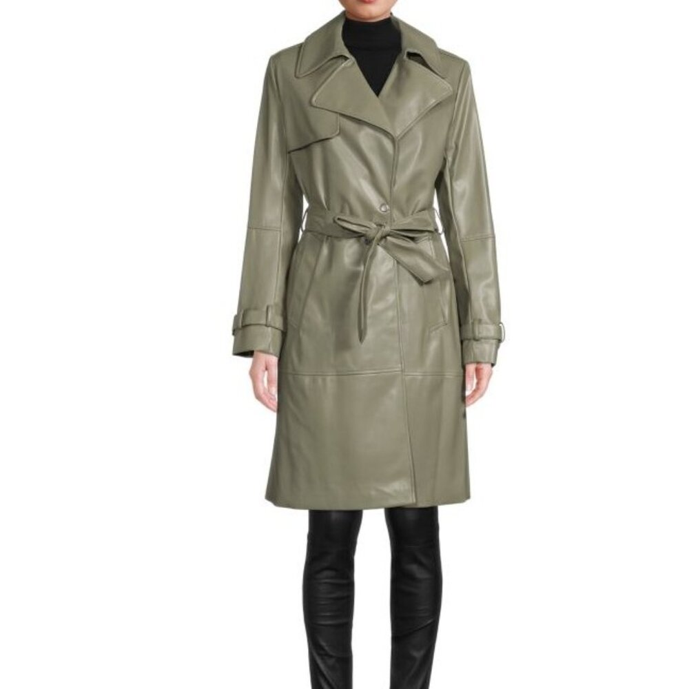 Tahari Trench Coat Belted Lined Sage Green Vegan Leather Womens XL NWT